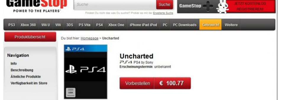 Uncharted 4 برای PS4 در لیست سایت GameStop آلمان 1
